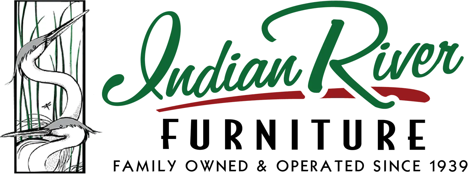 Indian River Furniture logo with heron, reeds, and family-owned text.