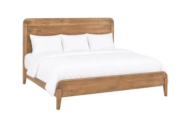 Wooden bed frame with white bedding on a white background.