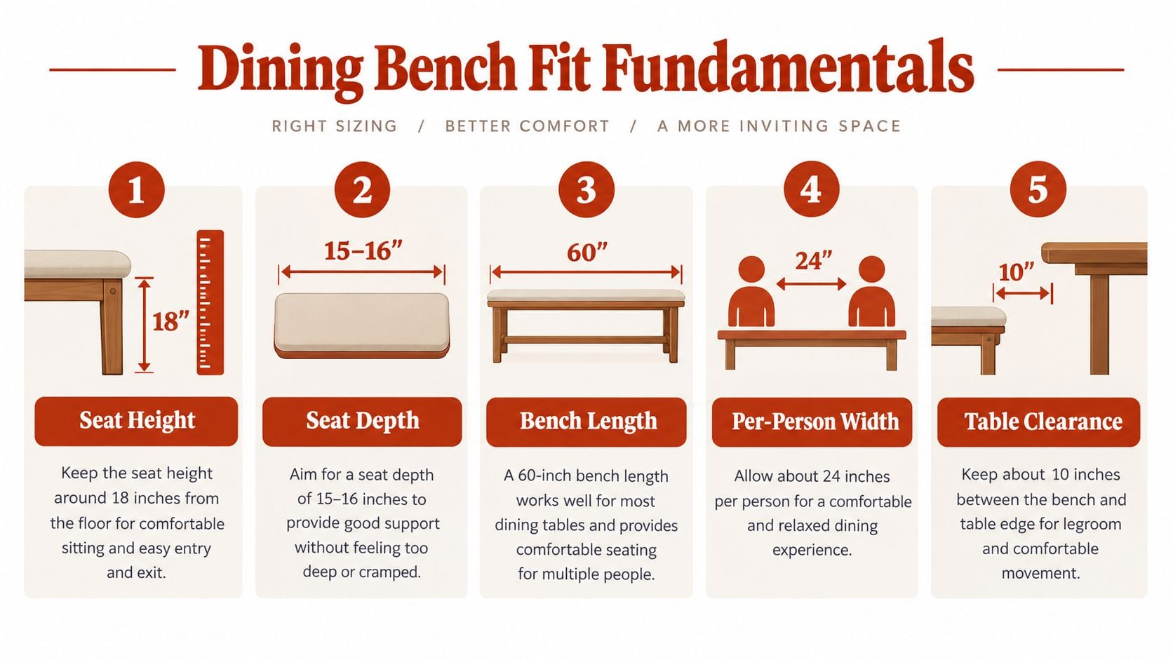 An infographic titled Dining Bench Fit Fundamentals, illustrating the recommended measurements for dining room benches and spacing.