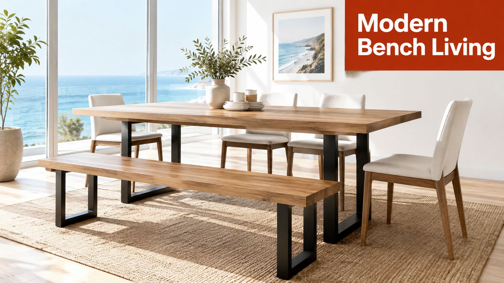 A modern wooden dining table set with a matching bench and chairs in a bright room.