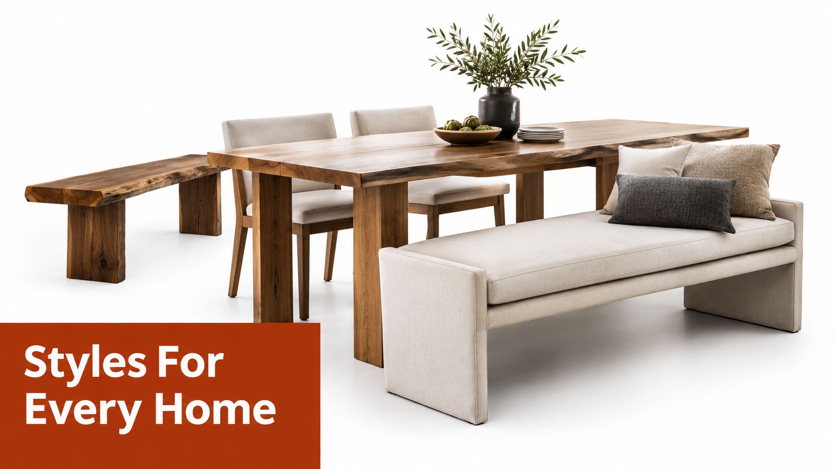 A modern dining room set featuring a live-edge wooden table, two fabric chairs, and an upholstered dining bench.
