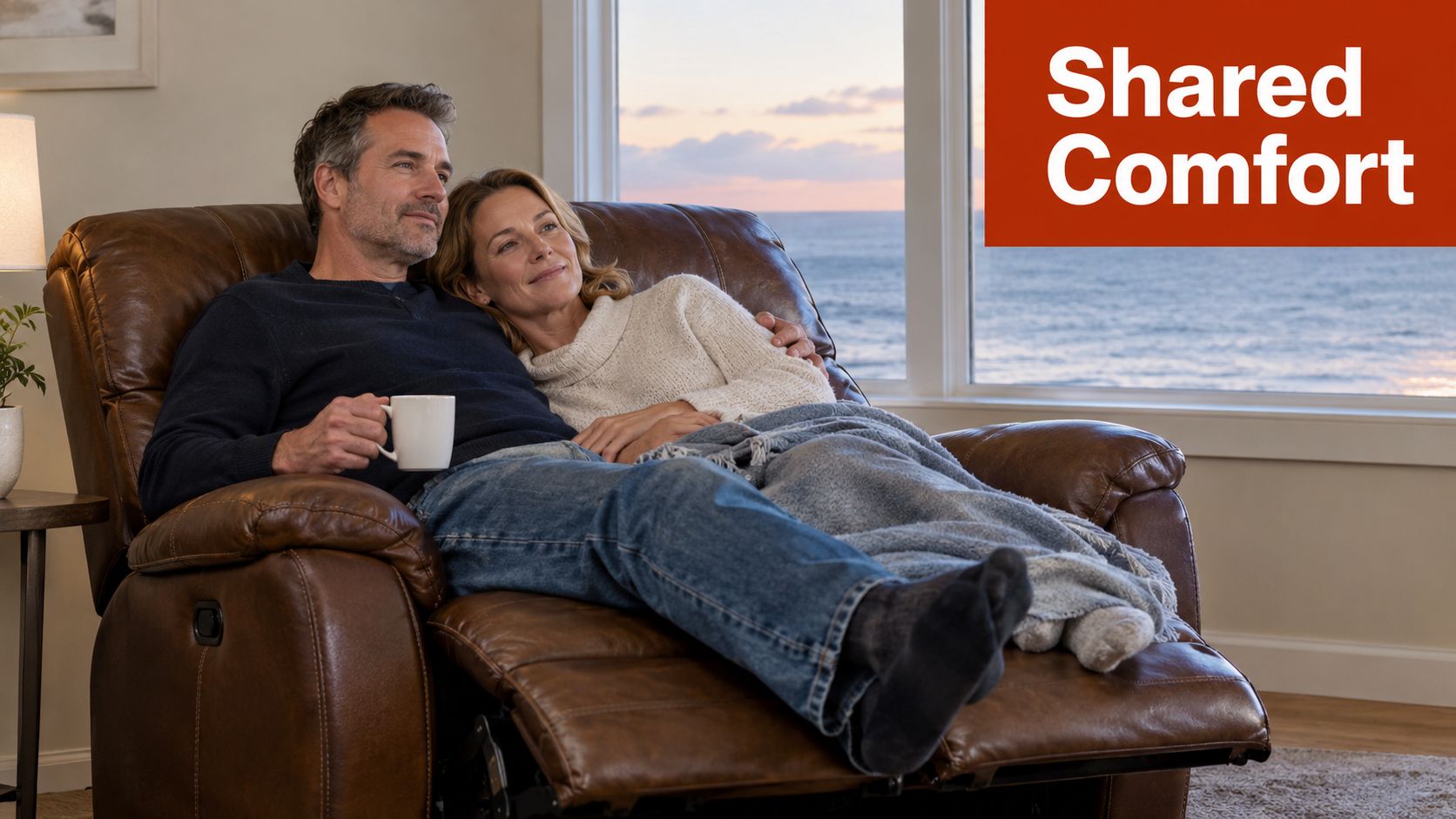 A middle-aged couple relaxing comfortably together in a brown leather recliner while looking out at the ocean.