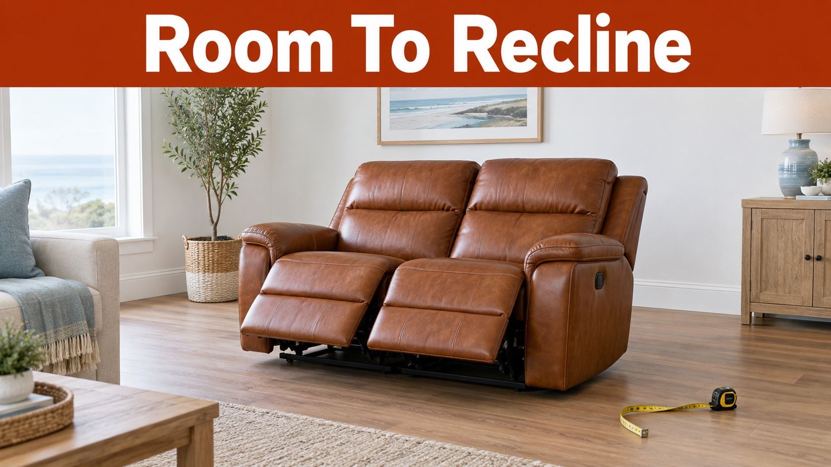 A brown leather double recliner sofa is positioned in a bright, modern living room with a measuring tape.