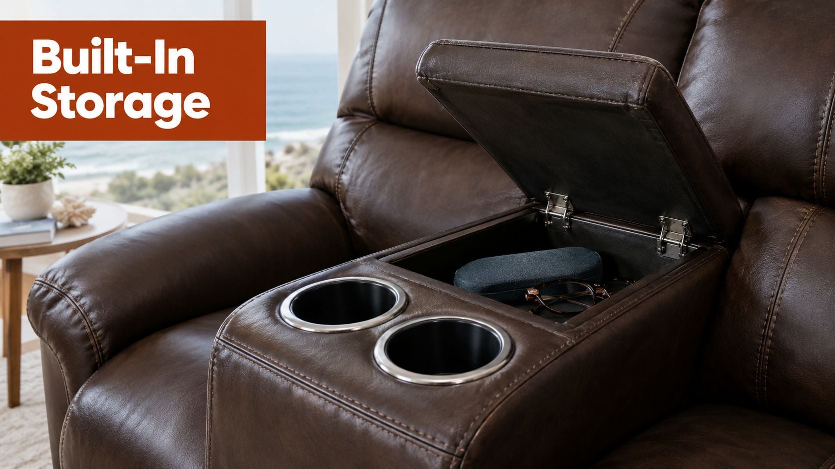 A close-up of a brown leather recliner featuring a center console with two cup holders and storage.
