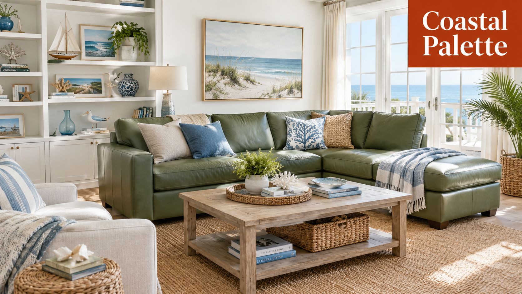 A modern living room featuring a large green leather sectional sofa with coastal decor and accessories.