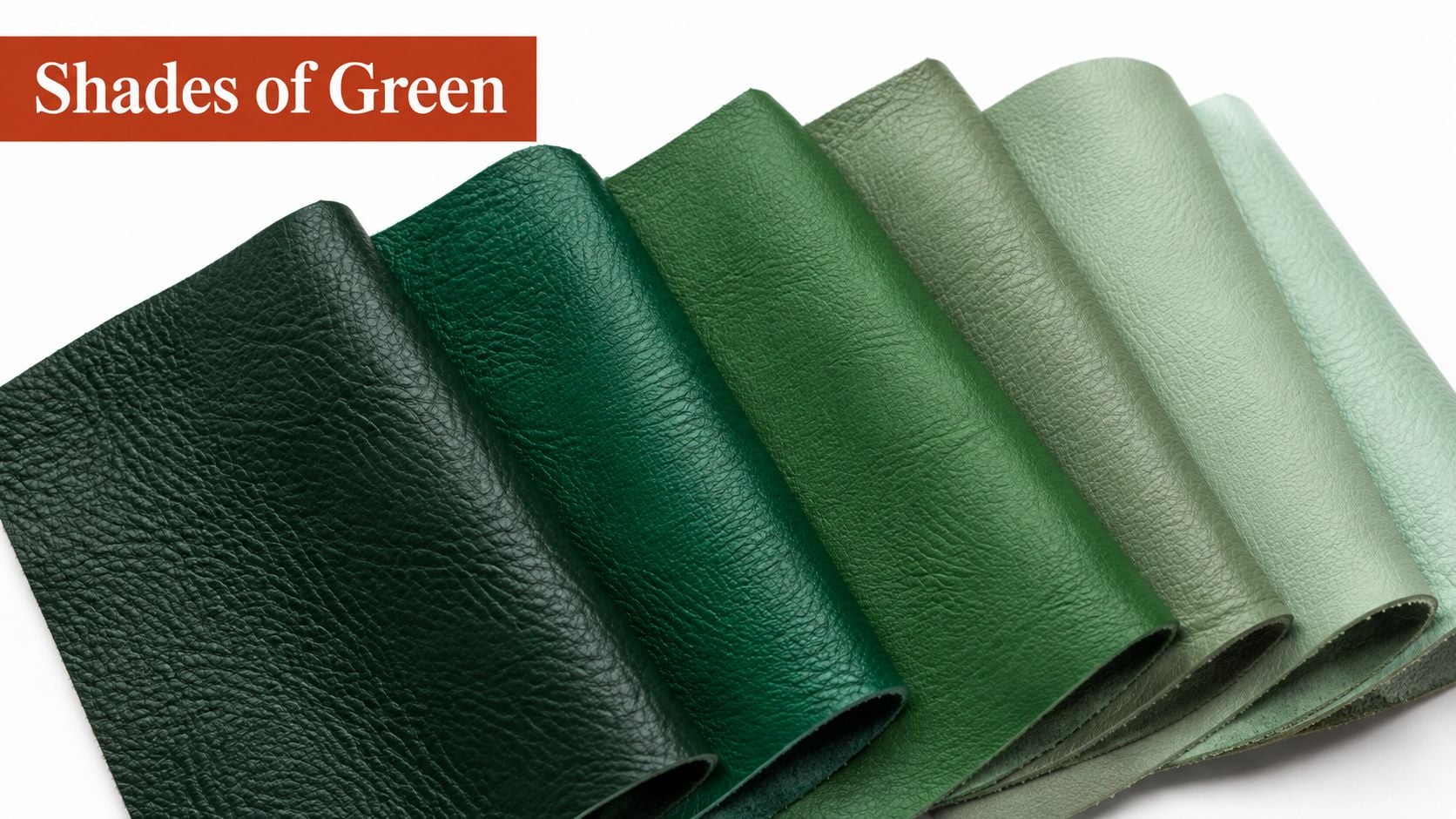 Several pieces of textured leather fabric arranged in a gradient from dark forest green to light mint.