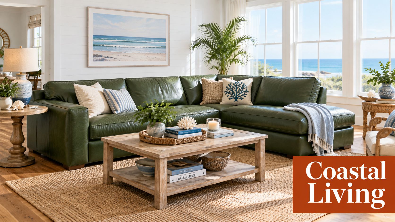 A modern green leather sectional sofa in a sunlit coastal living room with beach house decor.