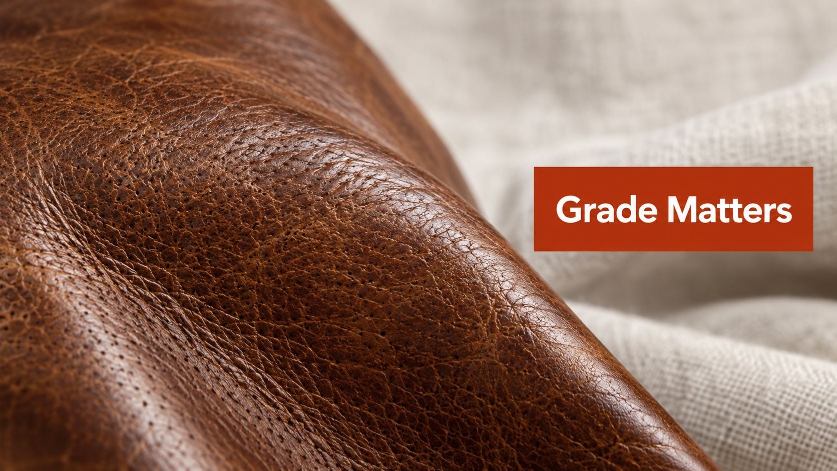 A close-up shot showing the detailed texture of high-quality brown leather next to textured fabric.