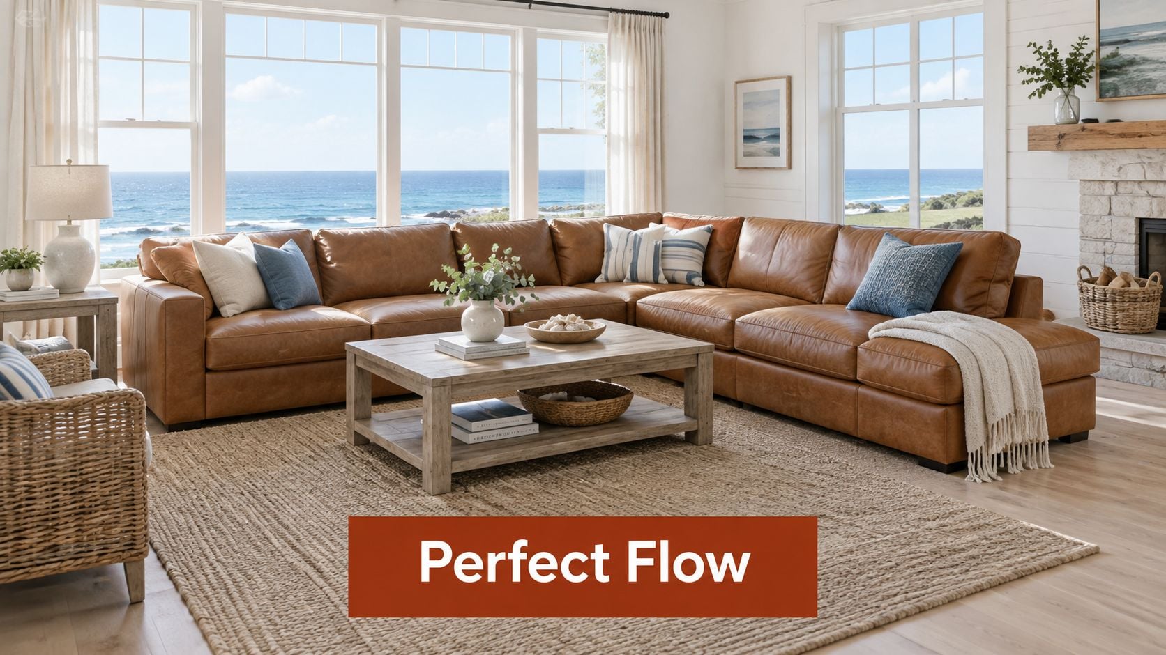 A luxurious tan leather reclining sectional sofa sits in a bright coastal living room with ocean views.