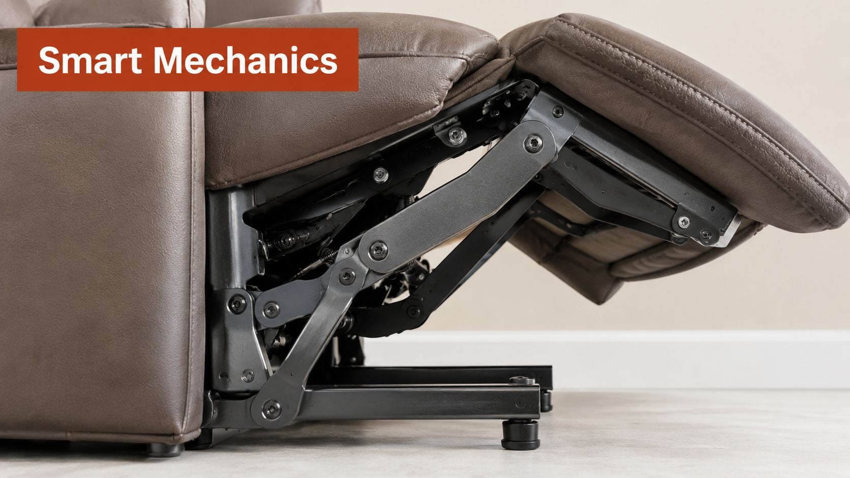 A close-up view of the metal reclining mechanism underneath a modern brown leather armchair or sofa.