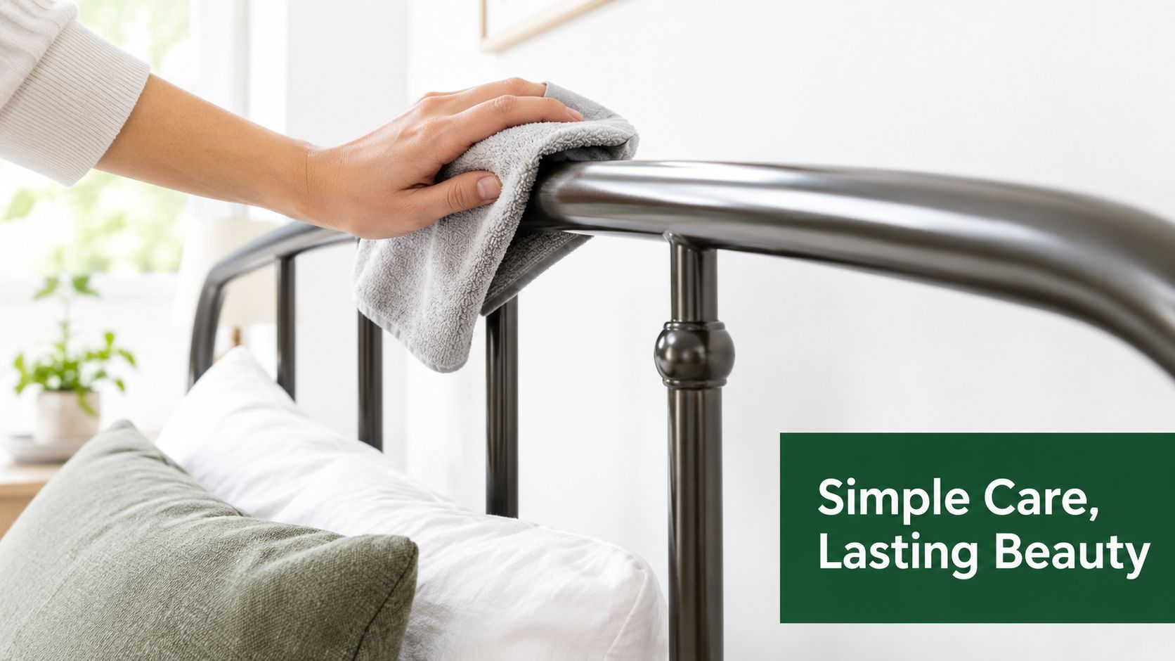 A hand wiping a dark metal bed headboard with a clean grey cloth to show simple care.