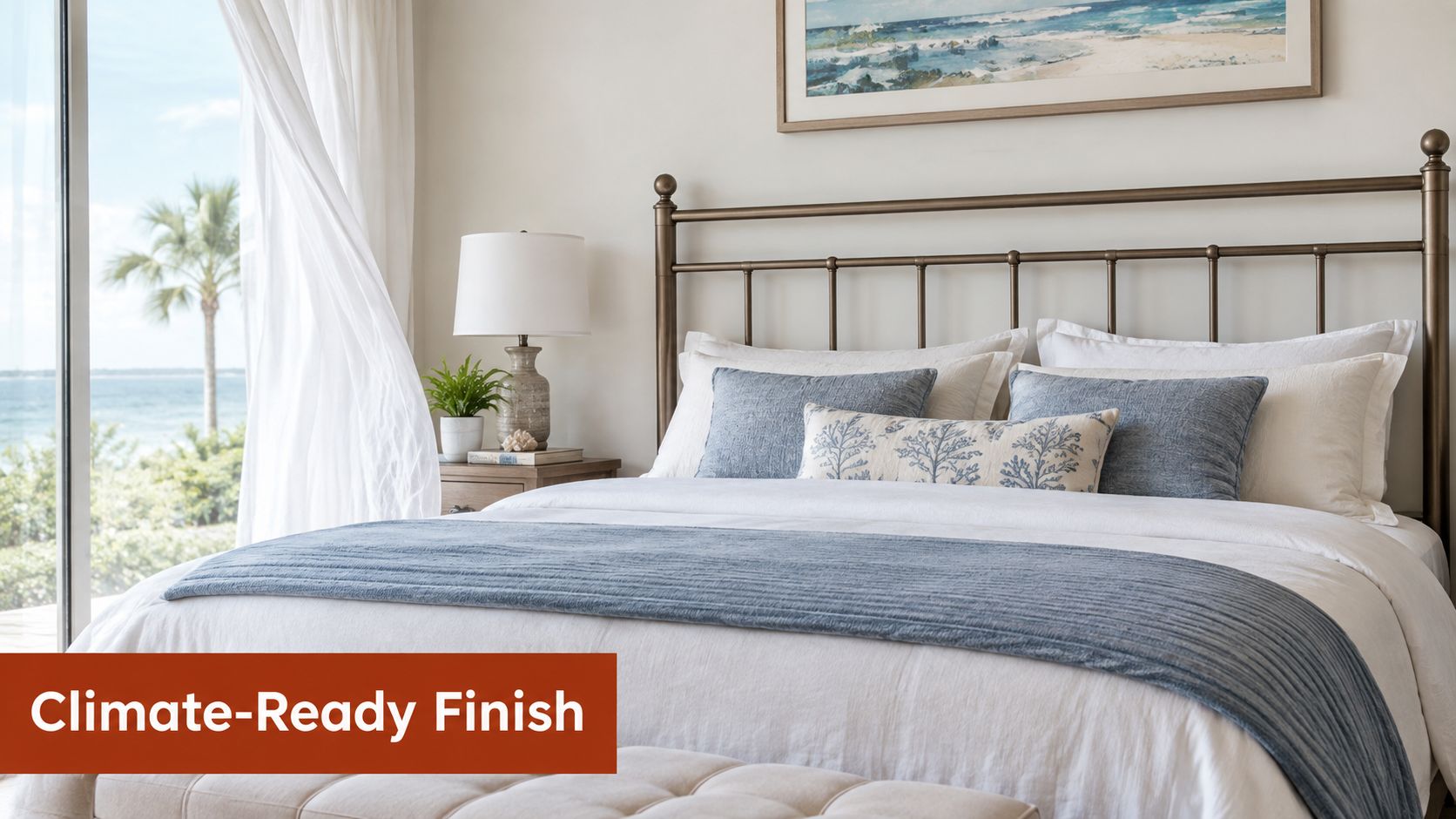 A coastal bedroom featuring a metal king headboard with white linens and a blue decorative throw blanket.