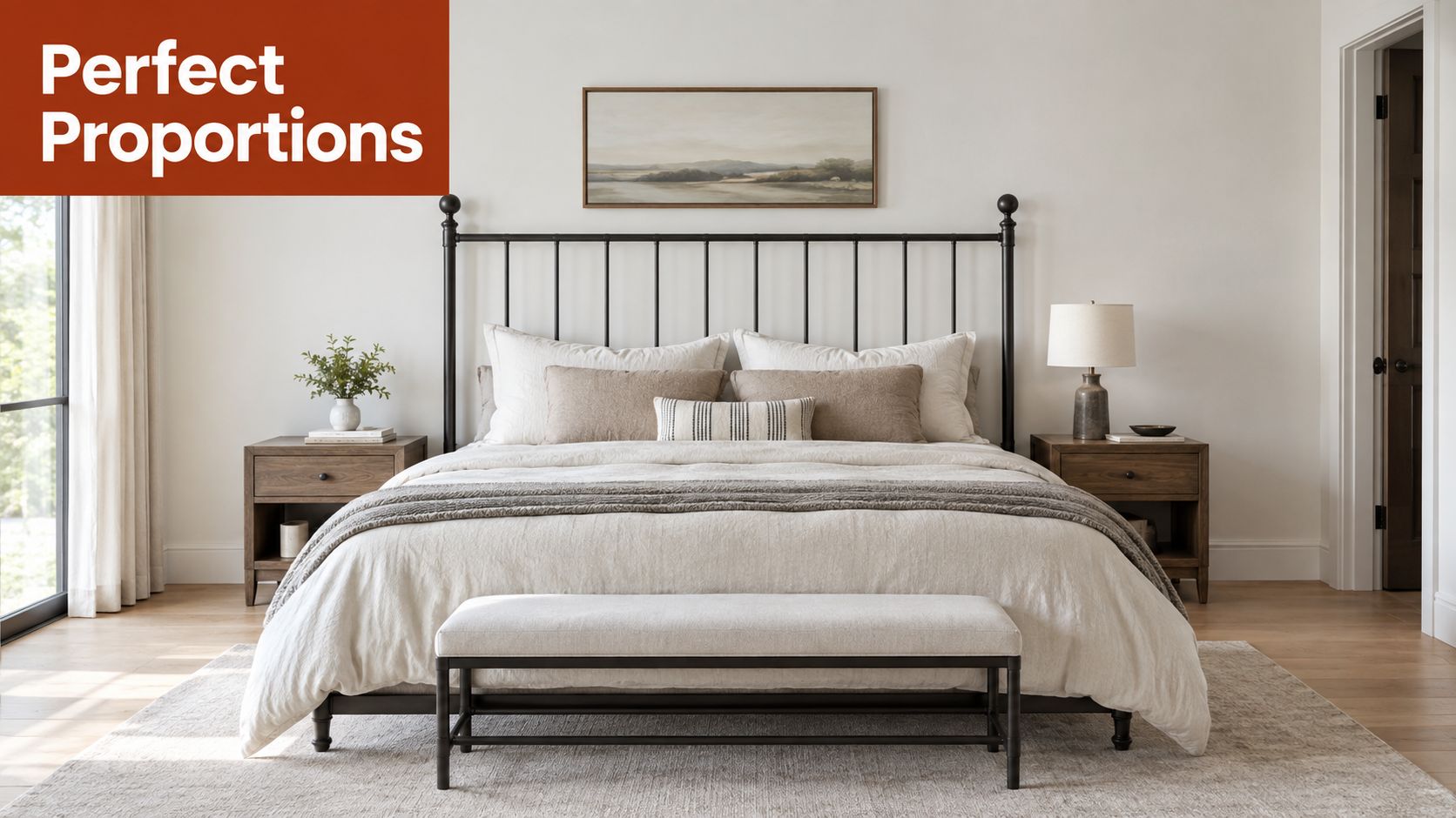 A modern, serene bedroom featuring a black metal king headboard with neutral bedding and wooden nightstands.