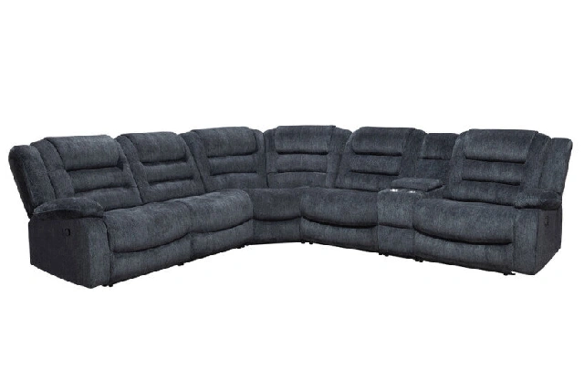 Dark gray reclining sectional sofa with built-in console.