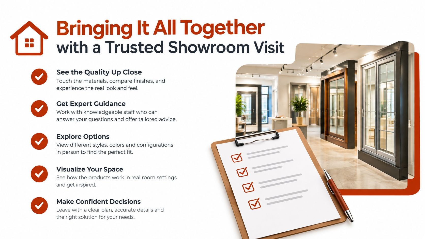 A graphic highlighting the benefits of visiting a showroom, including expert guidance and exploring home options.