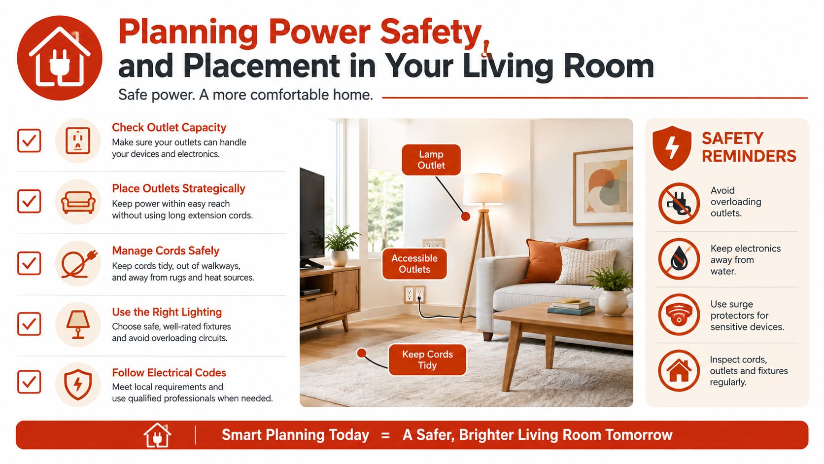 An infographic detailing essential electrical safety tips and proper outlet placement for a living room environment.