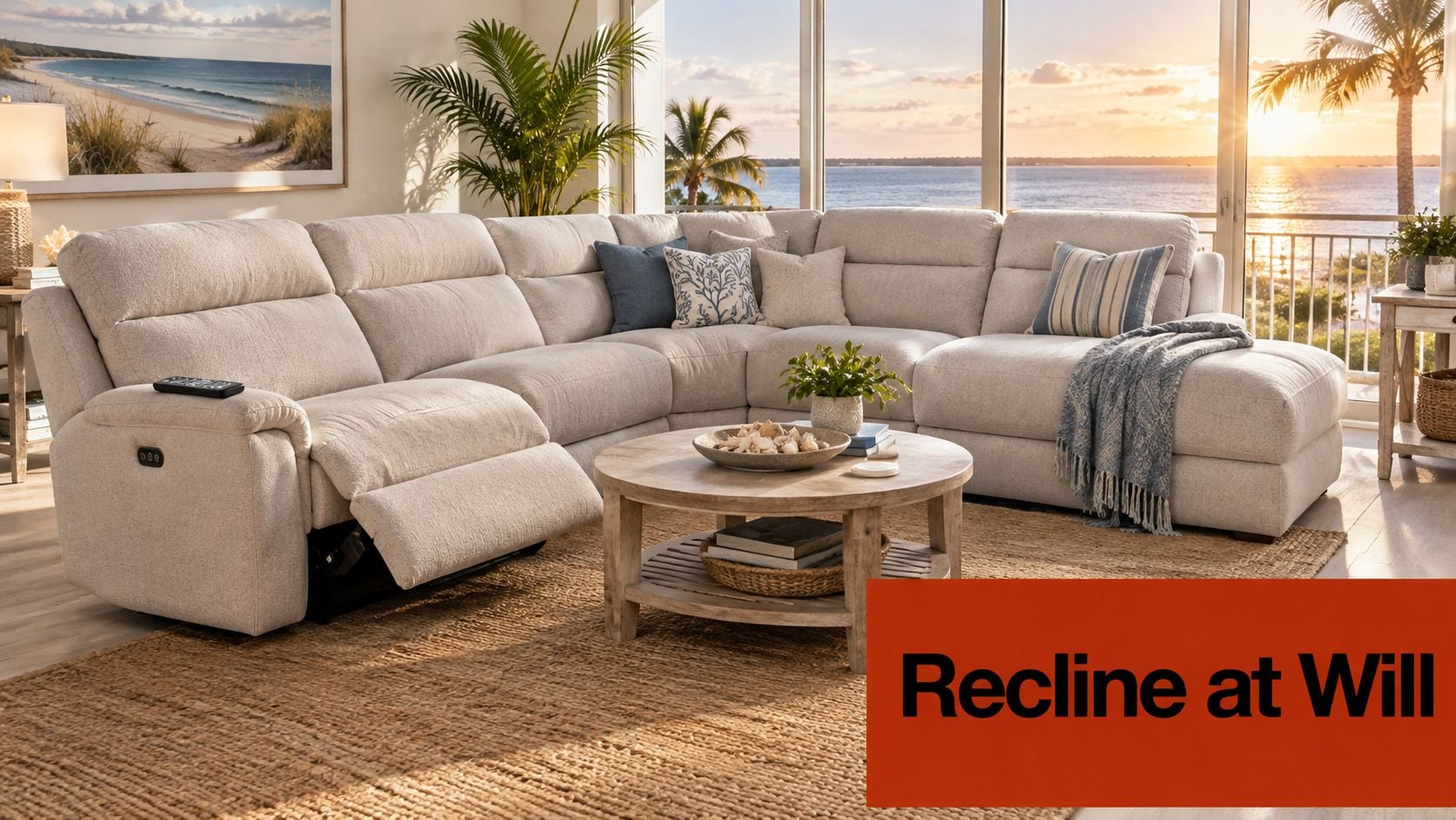 A beige power reclining sectional sofa with decorative pillows in a modern living room with ocean views.