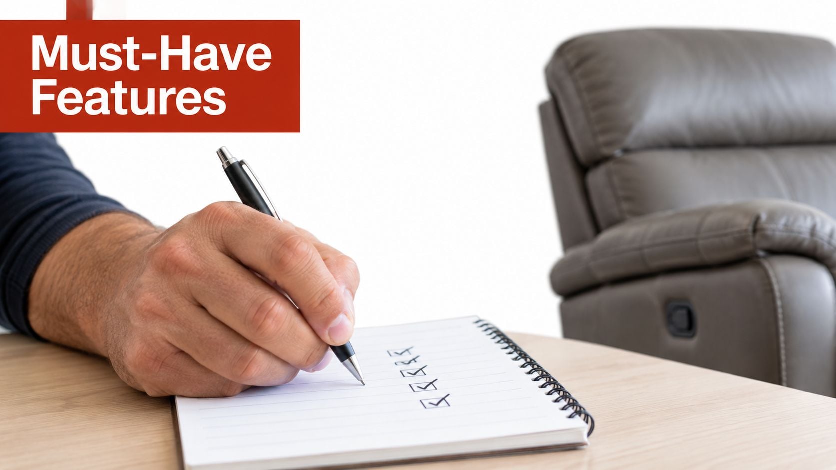 A close-up view of a person writing a checklist in a notebook next to a recliner chair.