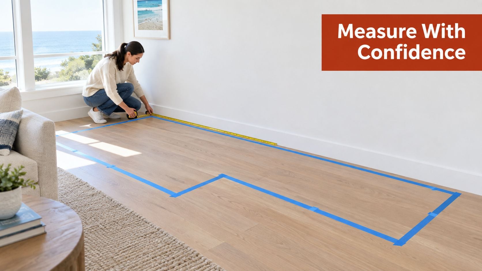 A woman kneeling on a hardwood floor using a tape measure to outline space for a sectional.