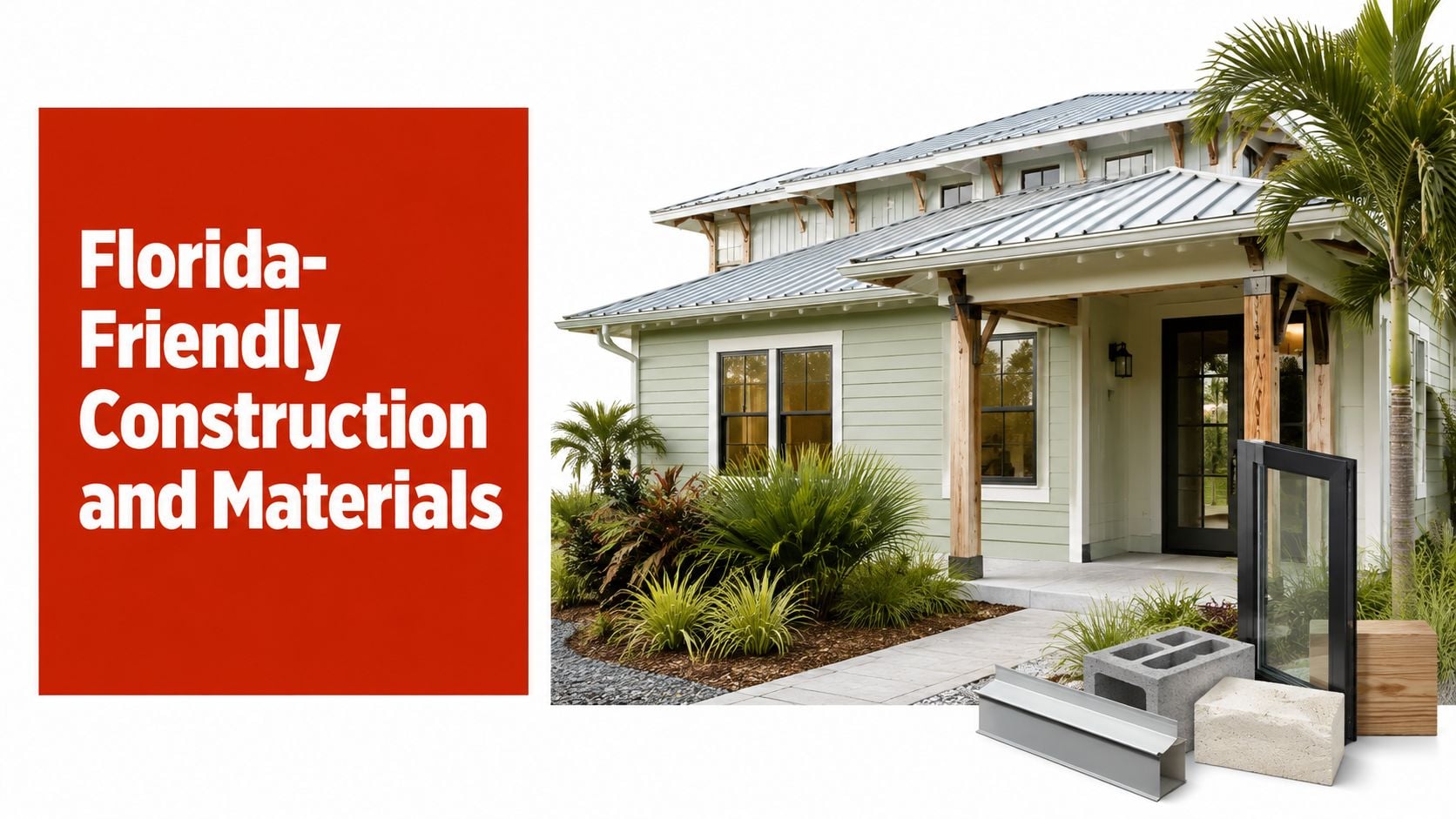 A modern light green house with a metal roof surrounded by Florida-friendly construction materials and landscaping.