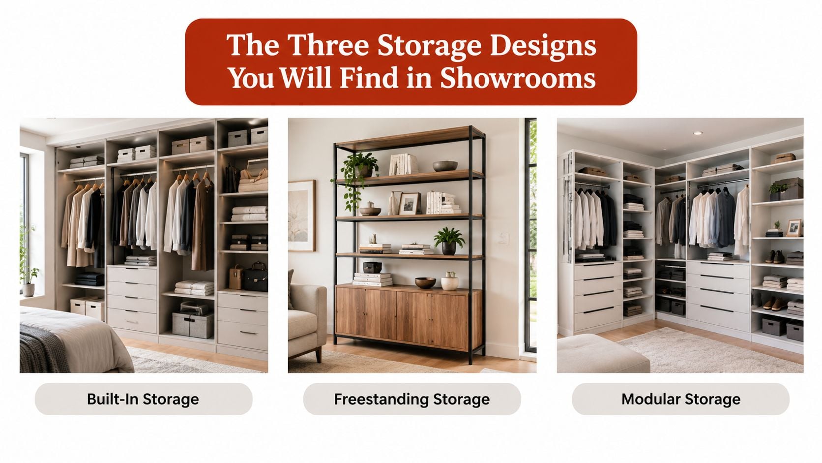 A graphic featuring three different types of storage designs labeled as built-in, freestanding, and modular storage options.