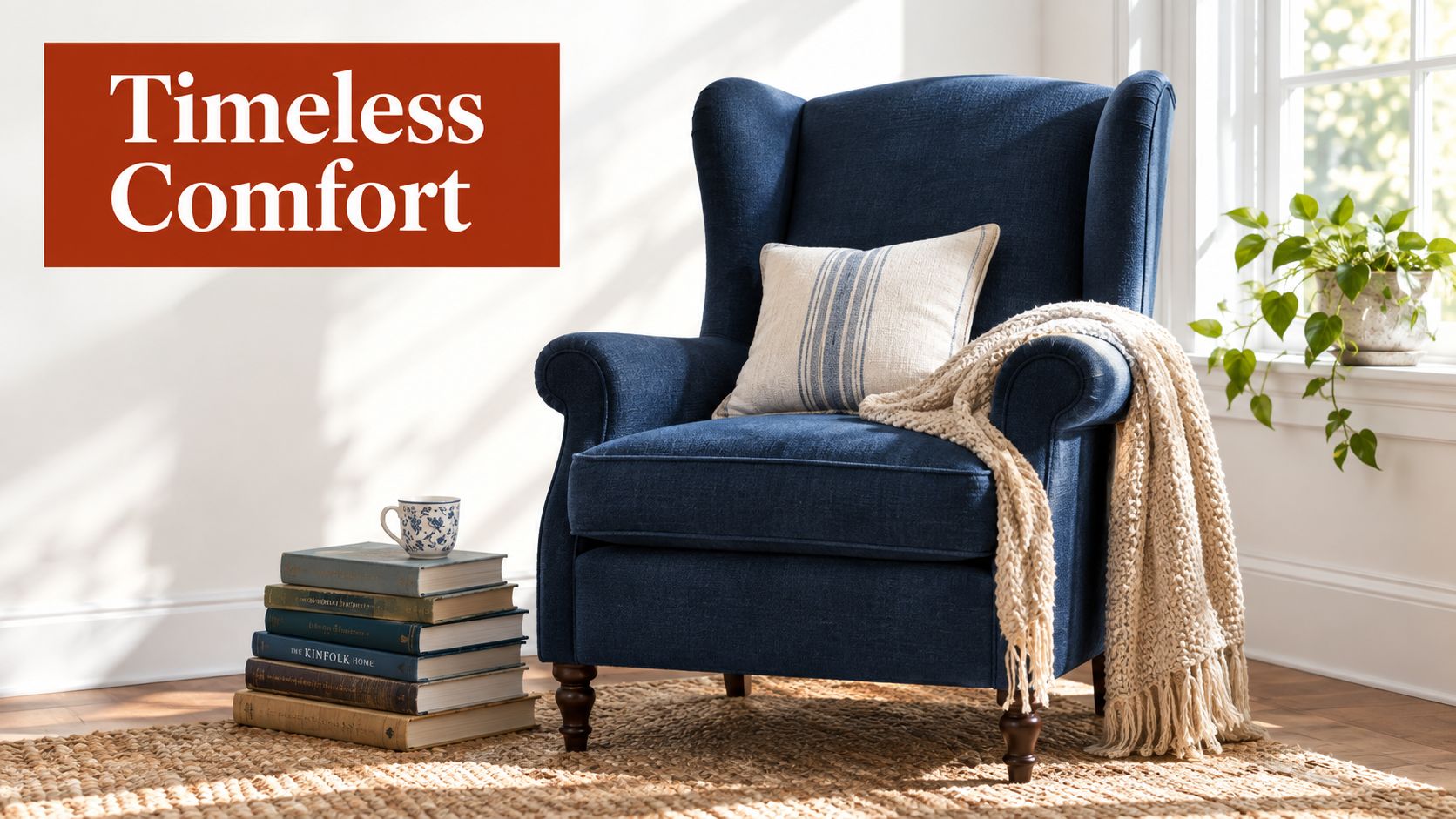 A cozy blue upholstered wingback chair with a decorative pillow, throw blanket, and a stack of books.