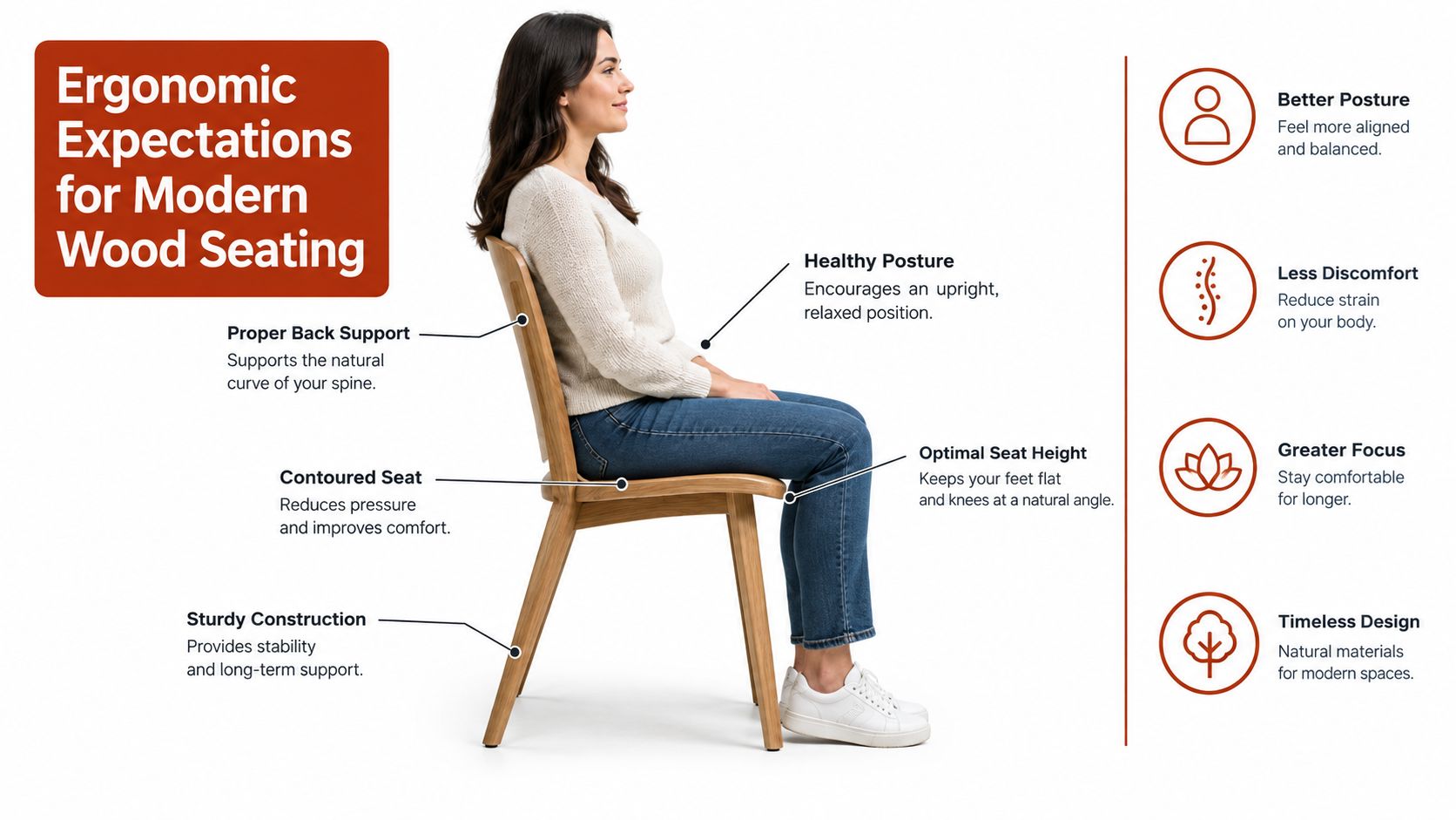 An infographic showing the ergonomic benefits and design features of a modern wooden chair for healthy seating.