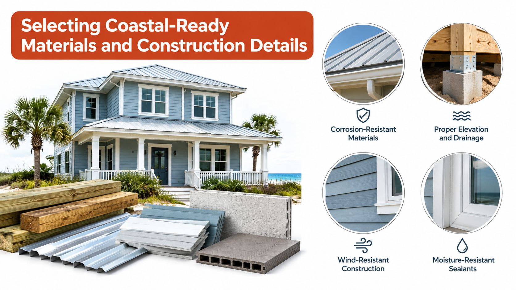 An educational graphic detailing essential construction materials and design considerations for building durable coastal homes.