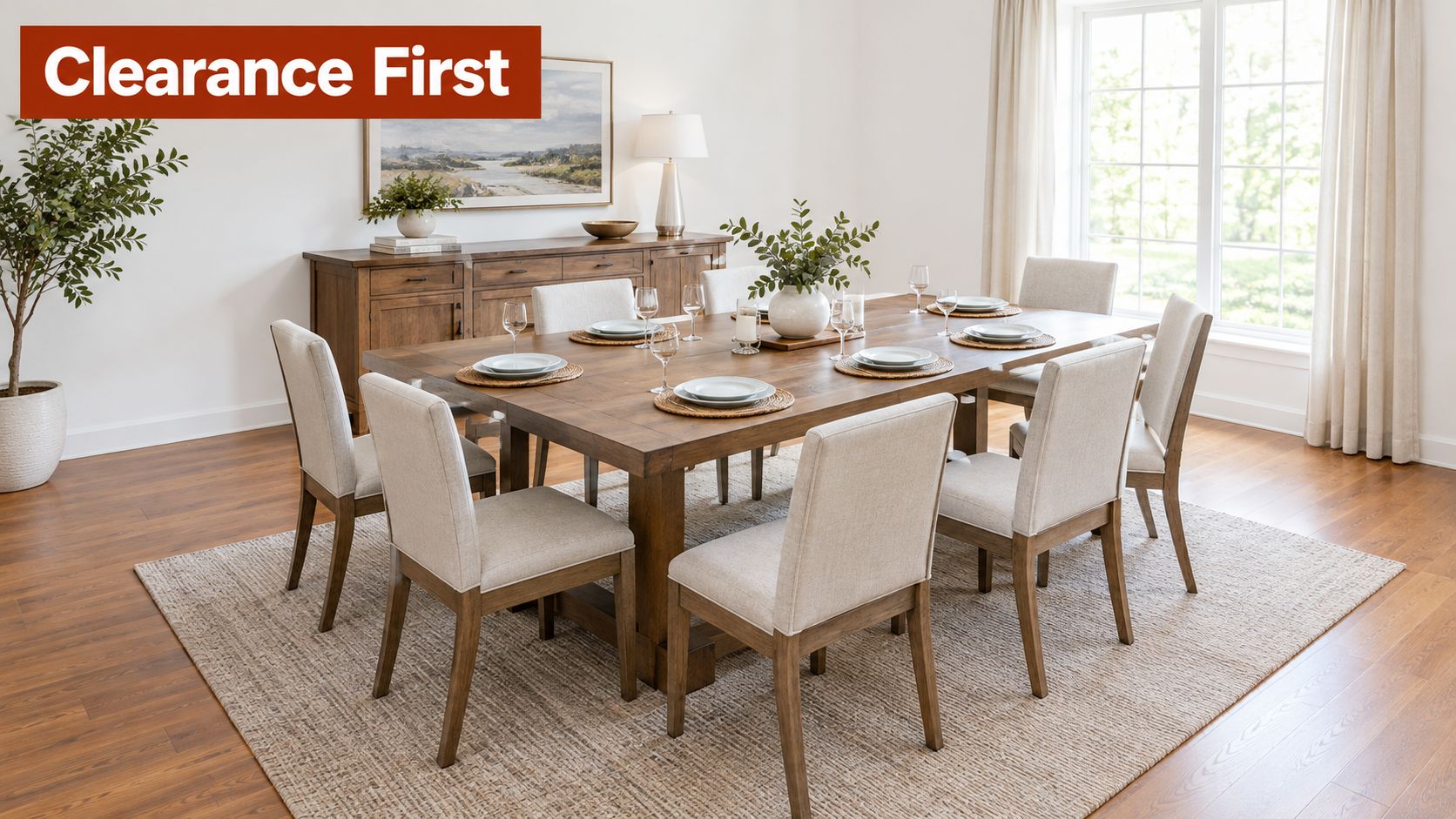 A modern wooden eight seater dining table set with upholstered chairs on a textured area rug.