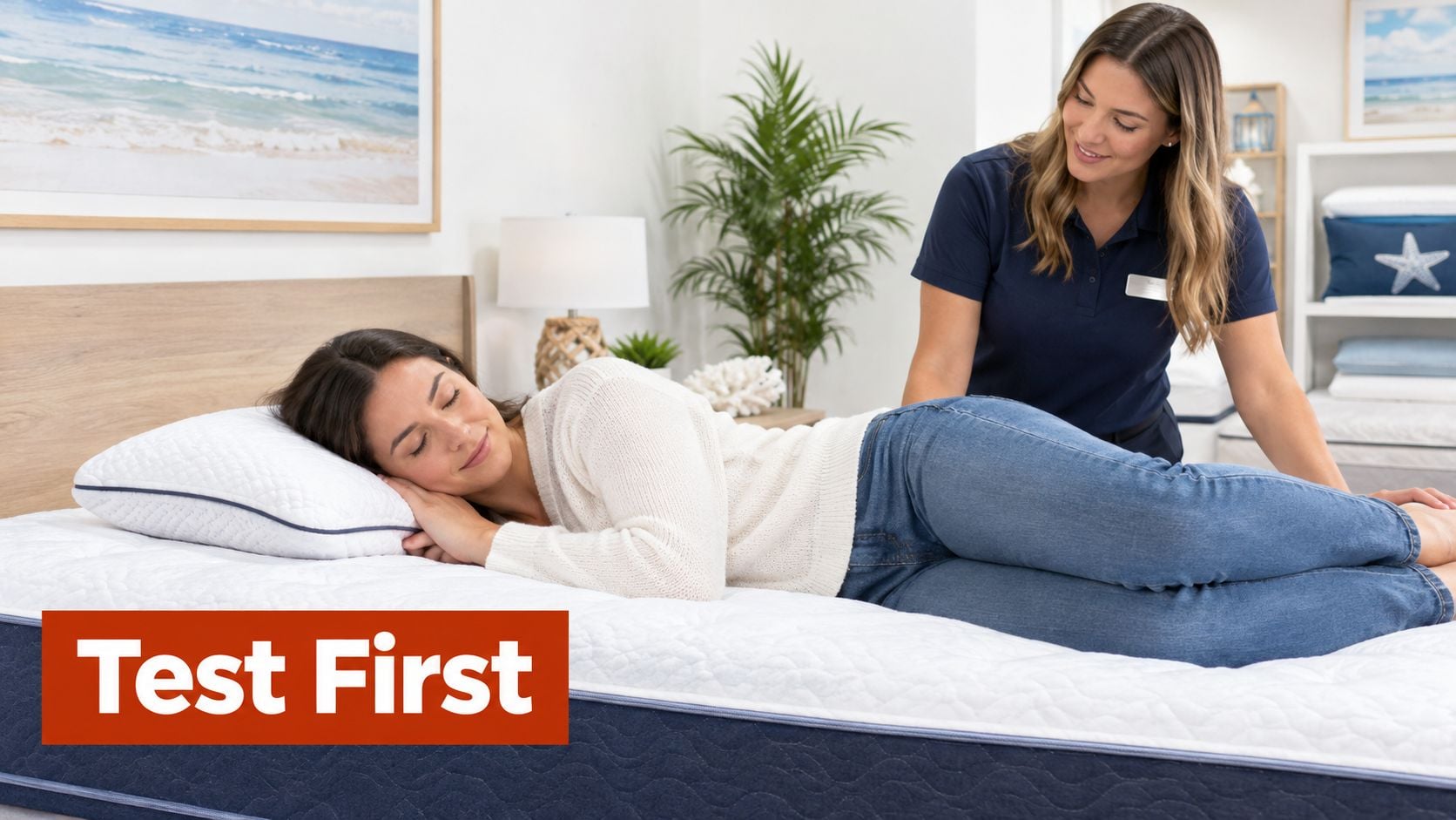 A store employee assisting a customer as she tests the comfort level of a mattress for side sleepers.