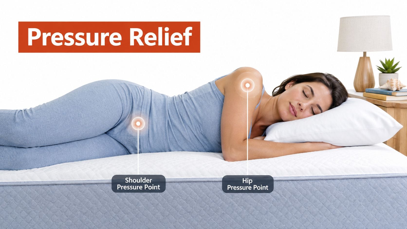 A woman sleeping on her side on a mattress, with highlighted pressure points at her hip and shoulder.