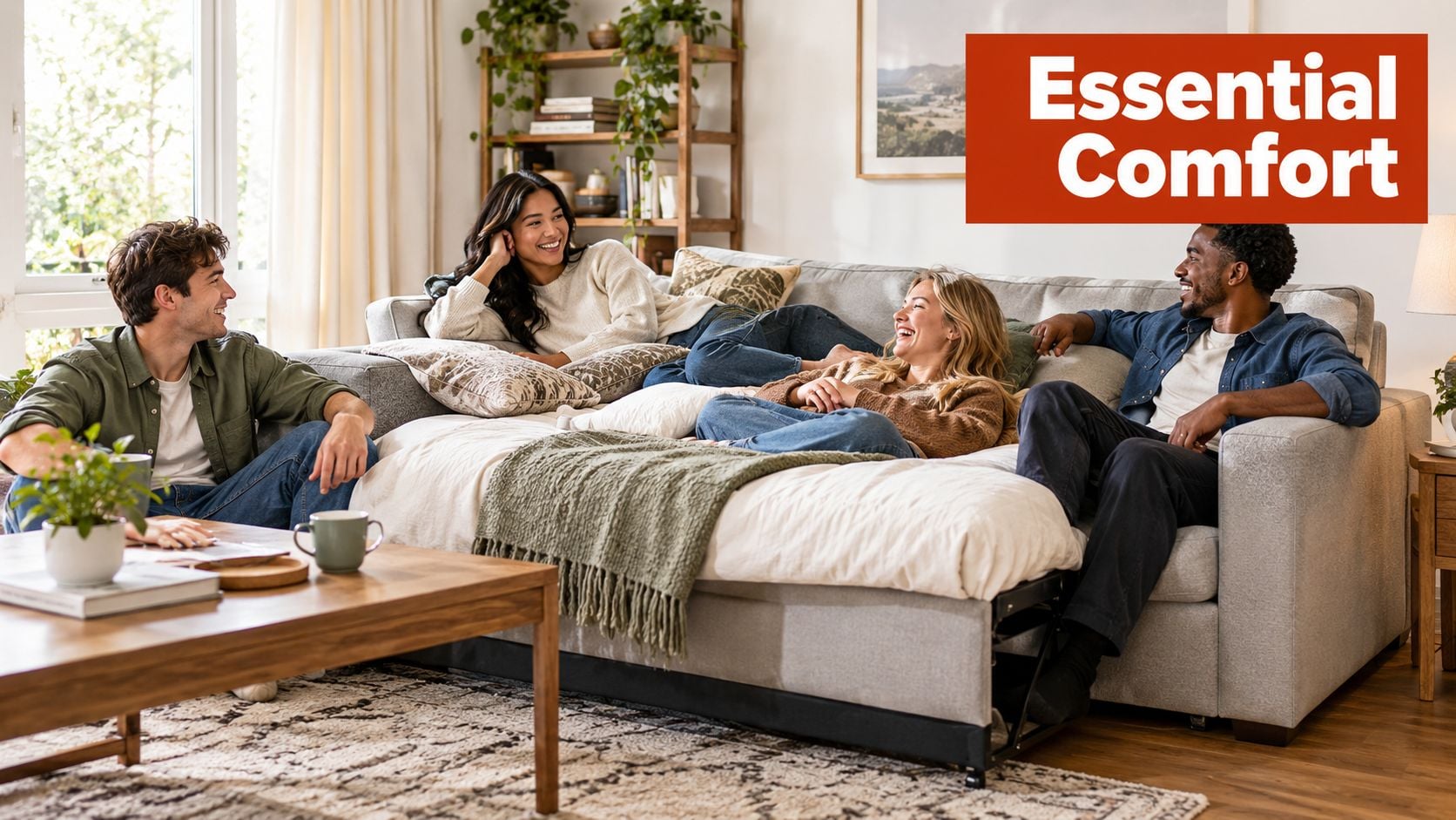 Four diverse friends laughing together while sitting on a comfortable grey sleeper sofa in a living room.