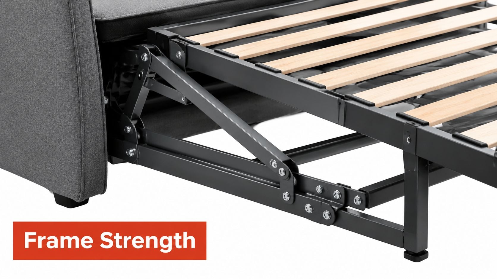 A close-up view of a metal sofa bed frame showing sturdy construction with wooden support slats.