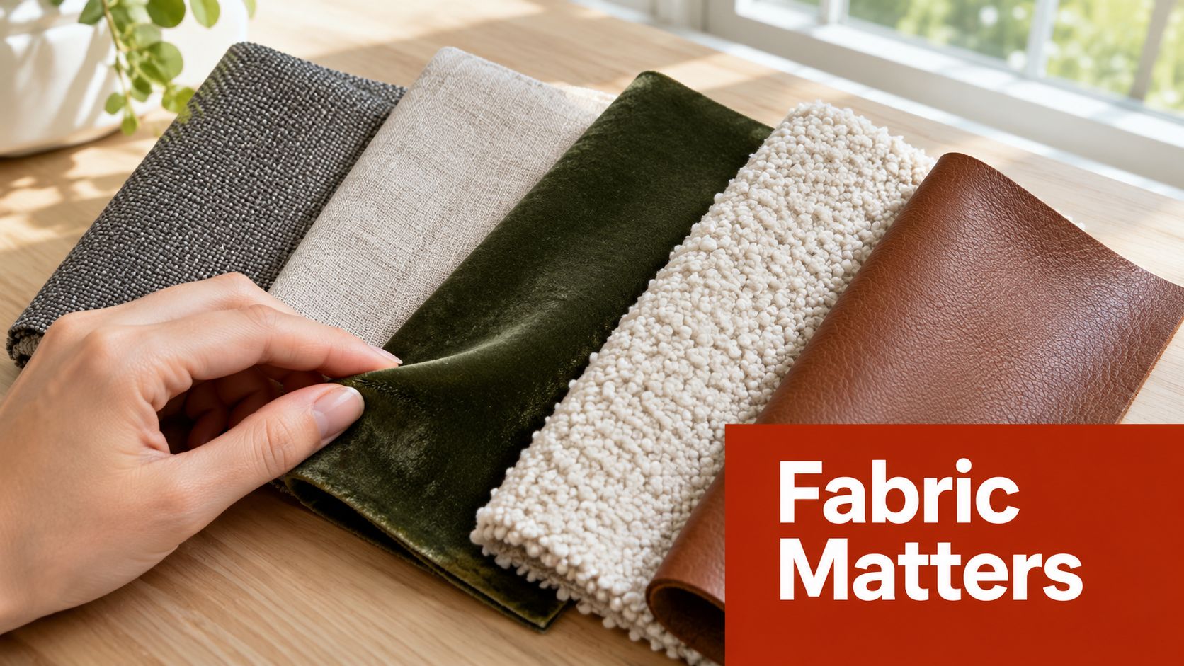 A hand holding a green velvet fabric swatch next to other upholstery samples on a wooden table.