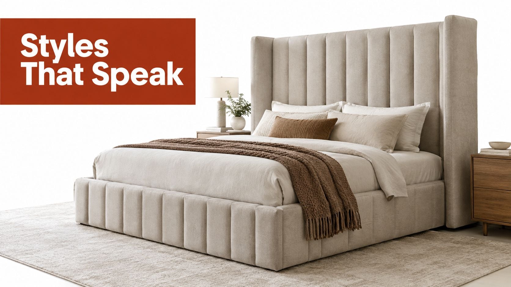 A modern beige upholstered platform bed with a tall vertical channel tufted headboard in a bright bedroom.