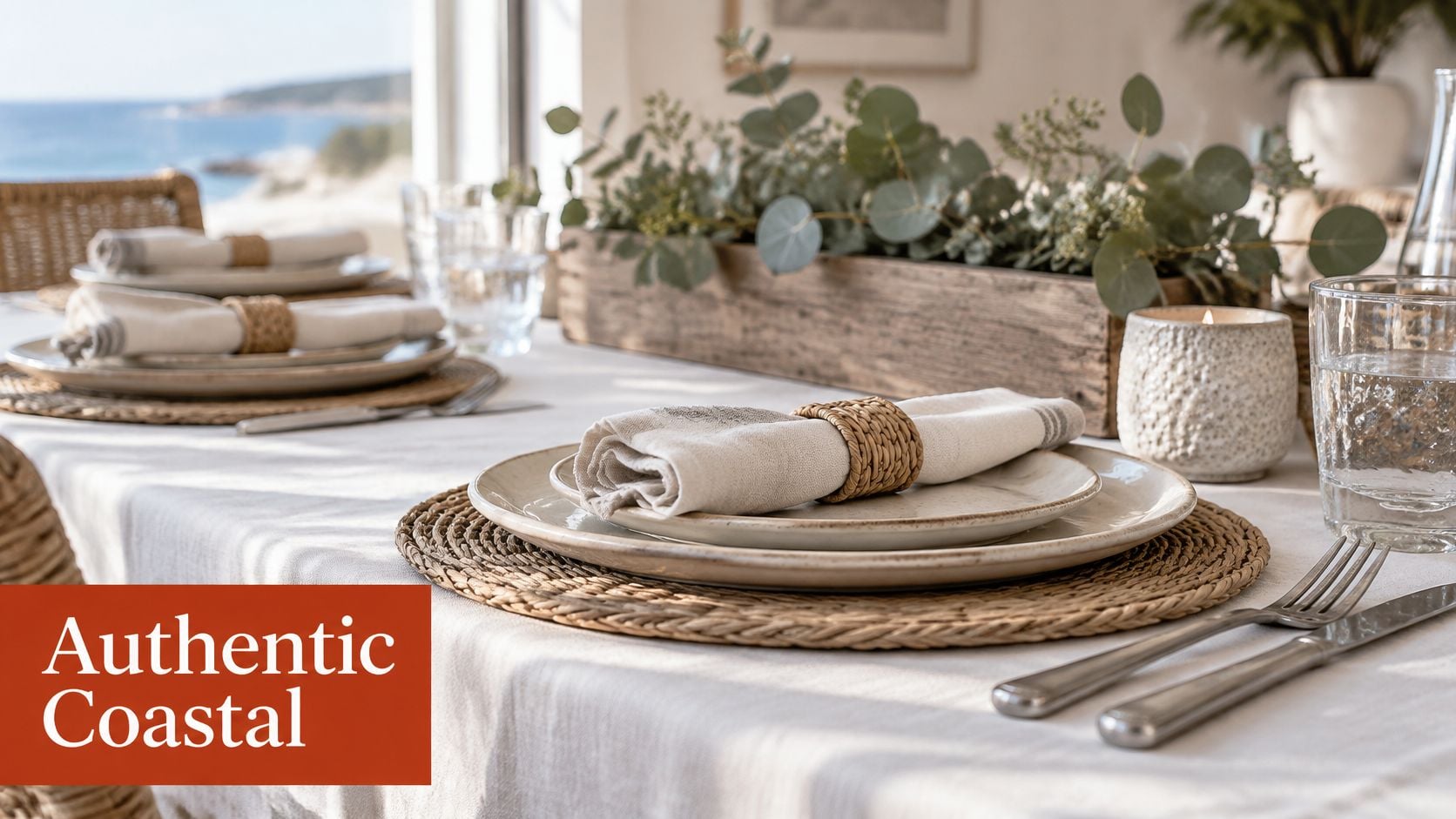 A coastal themed dining table set with elegant rustic tableware, woven placemats, and fresh eucalyptus greenery decor.
