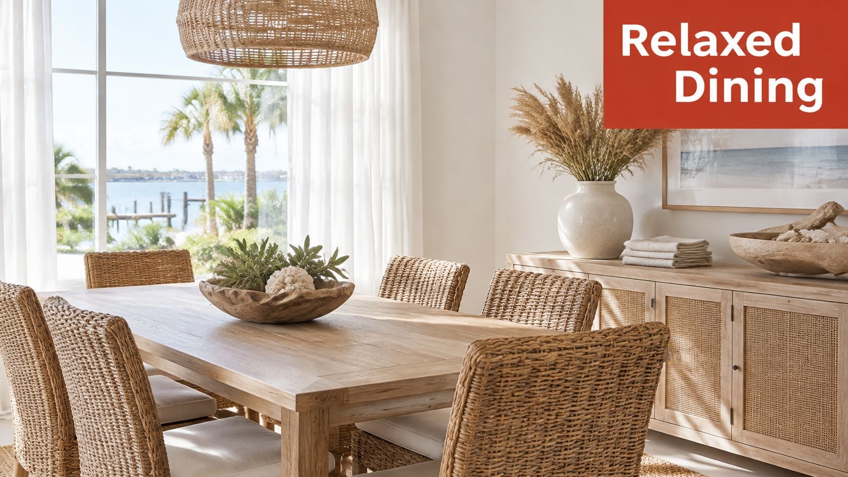 A coastal style dining room featuring a wooden table, woven chairs, and a large window view.