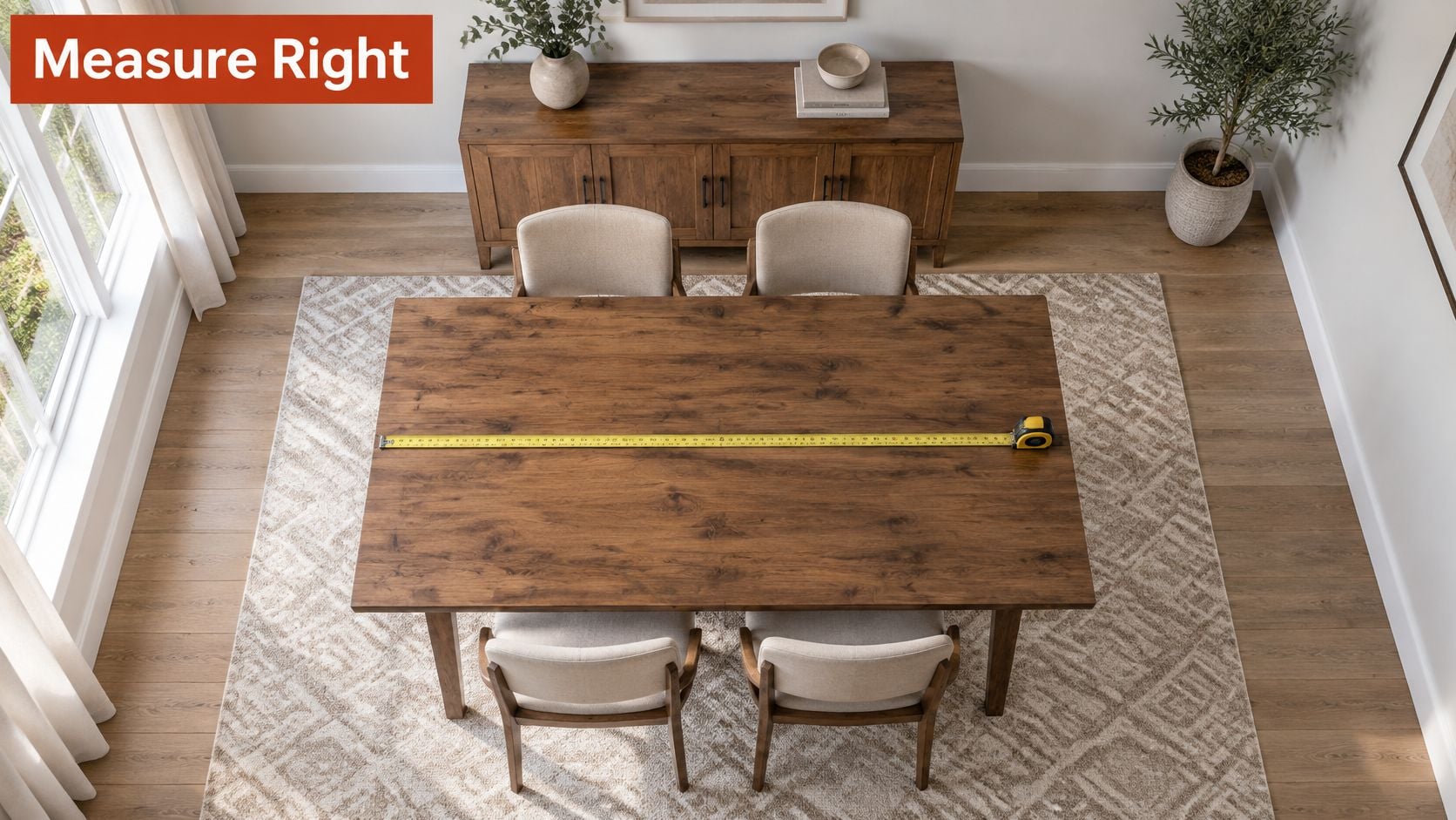 A high-angle view of a wooden dining table being measured with a tape measure in a room.
