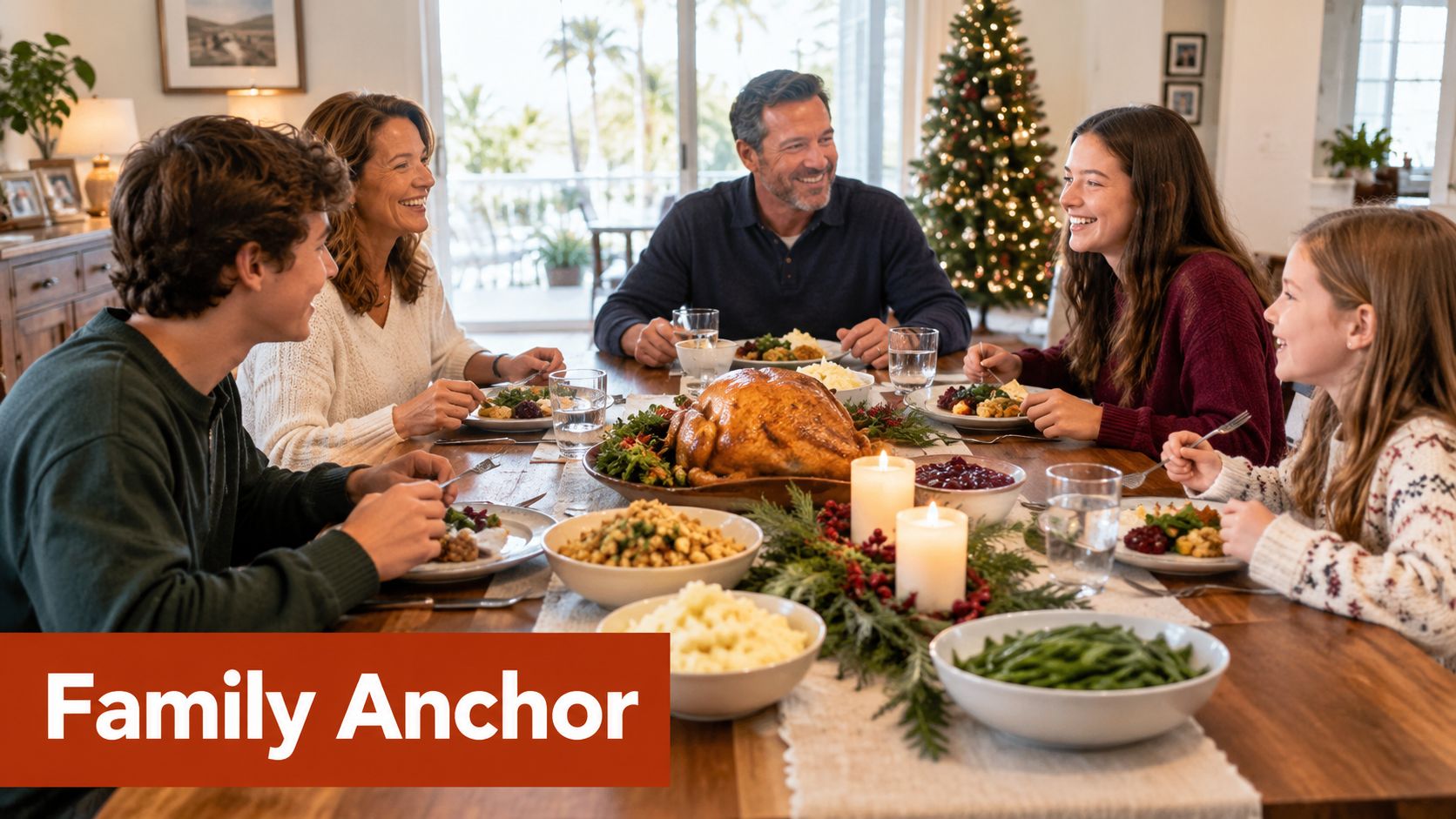 A happy multi-generational family enjoys a festive holiday dinner around a custom hardwood dining table together.