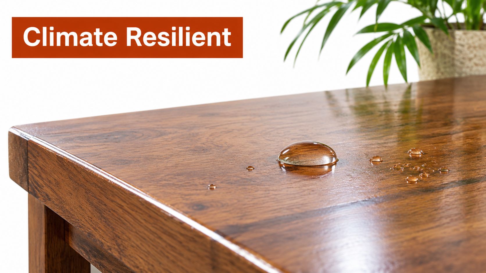A close-up view of water droplets beading on a polished custom hardwood dining table surface.