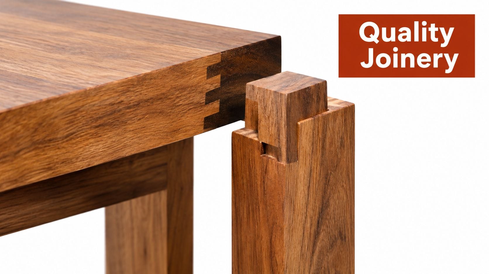 Close-up of a custom hardwood dining table featuring expert dovetail and mortise and tenon joinery.