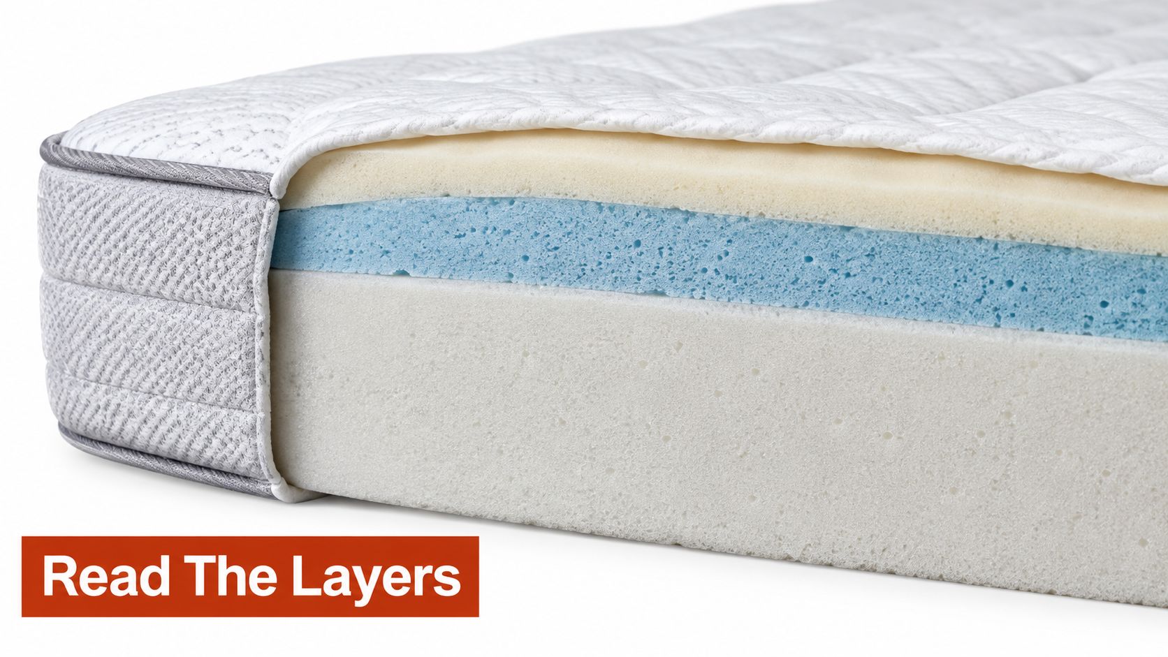 A cross-section view showing the internal multi-layer foam construction of a white memory foam mattress.