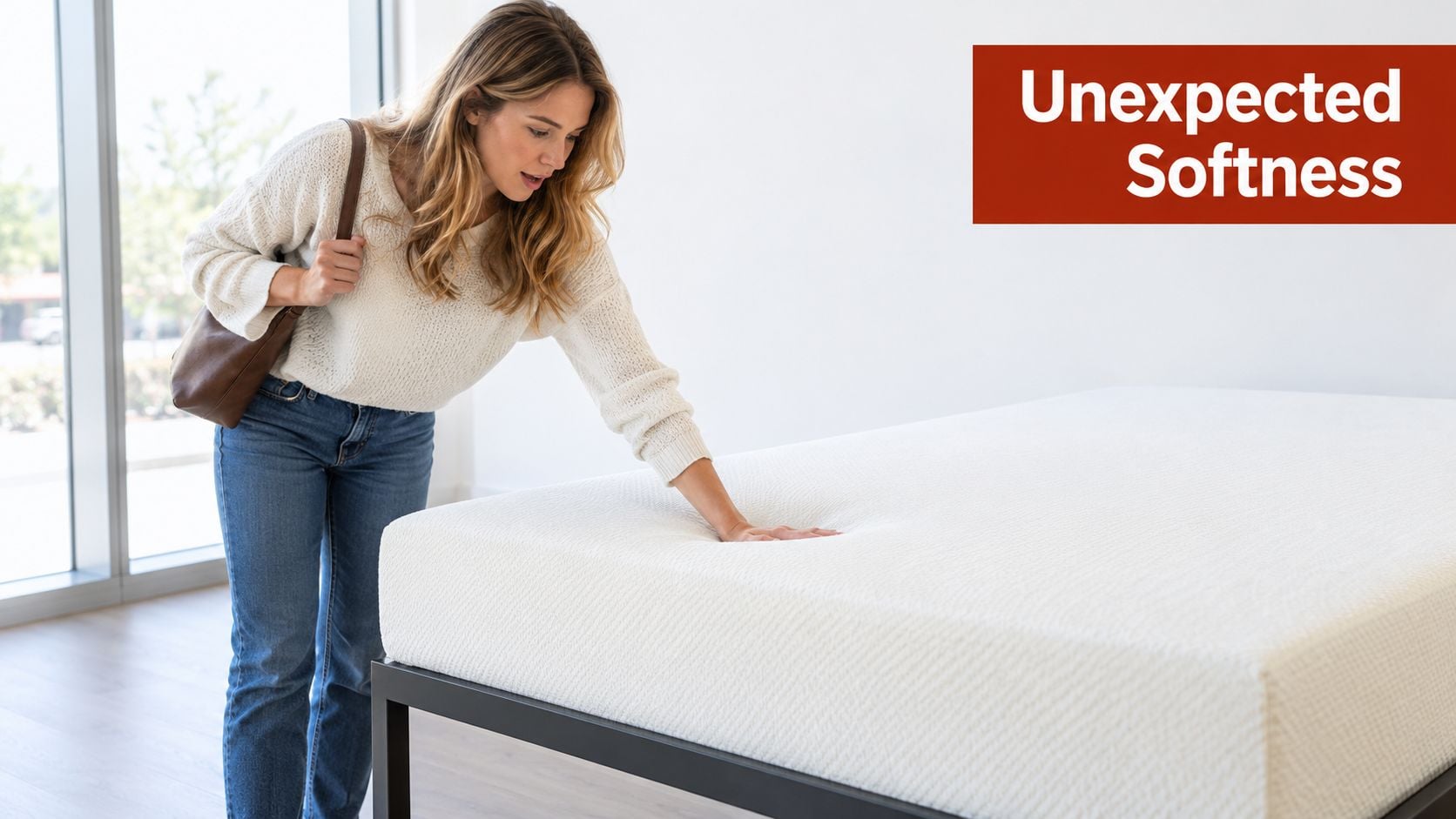 A young woman touches a soft mattress with her hand while standing in a bright bedroom showroom.