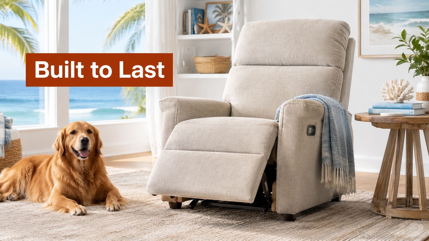 A beige fabric high leg recliner chair in a sunny living room with a golden retriever dog.