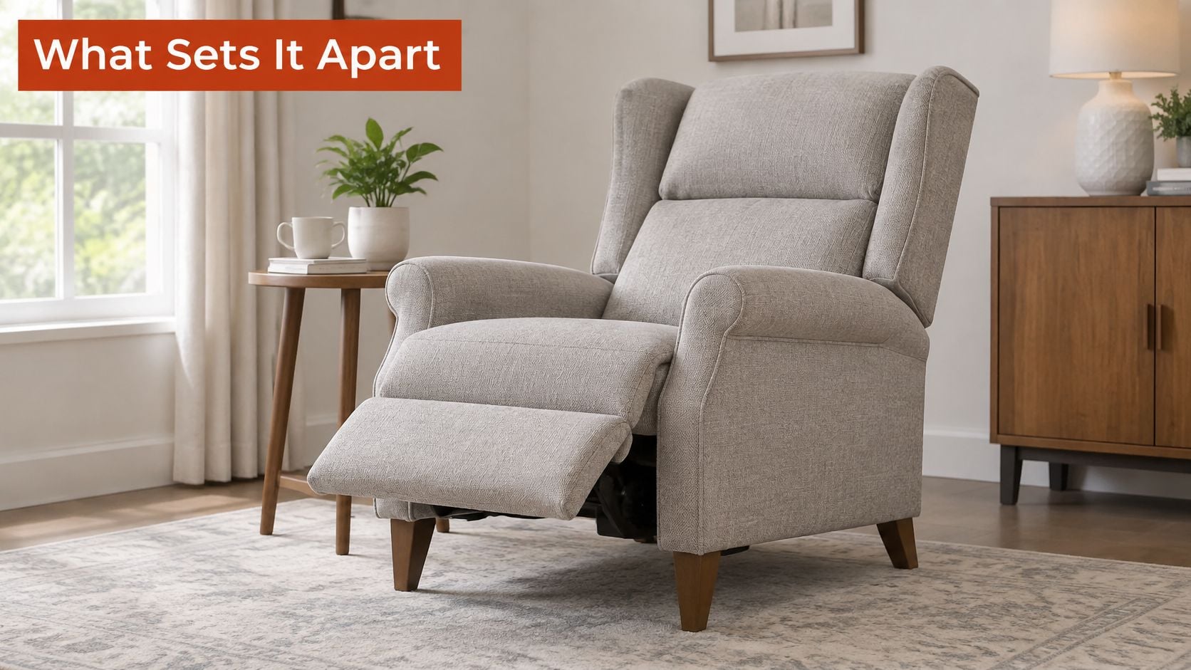 A light grey upholstered high leg recliner chair positioned in a bright, modern living room setting.