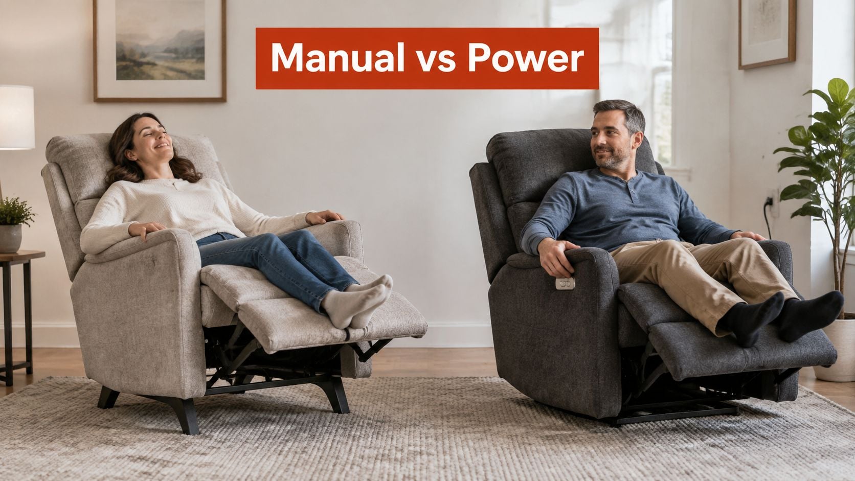 A man and a woman sitting in high leg recliner chairs comparing manual and power reclining options.