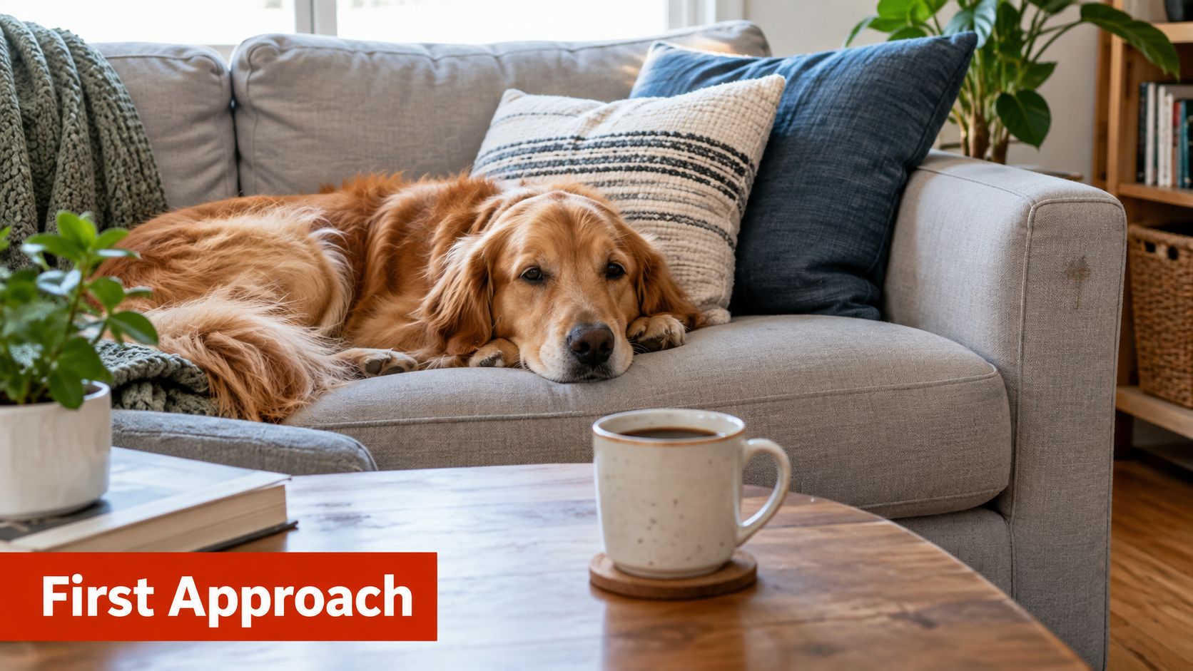 A golden retriever lying comfortably on a grey couch next to a coffee mug on a table.