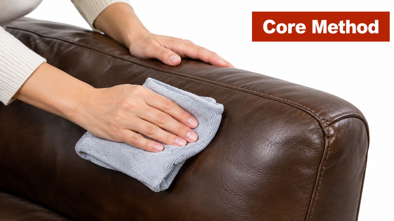 A person using a grey microfiber cloth to wipe and clean a brown leather sofa surface.