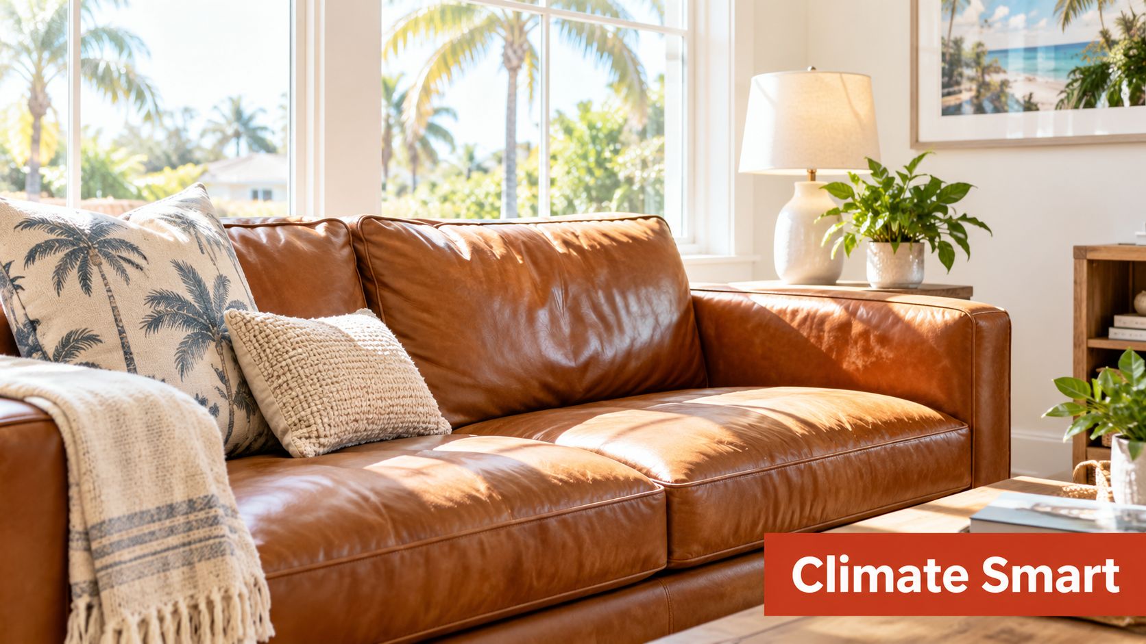 A luxurious brown leather sofa in a bright, sunlit living room with palm trees visible outside.