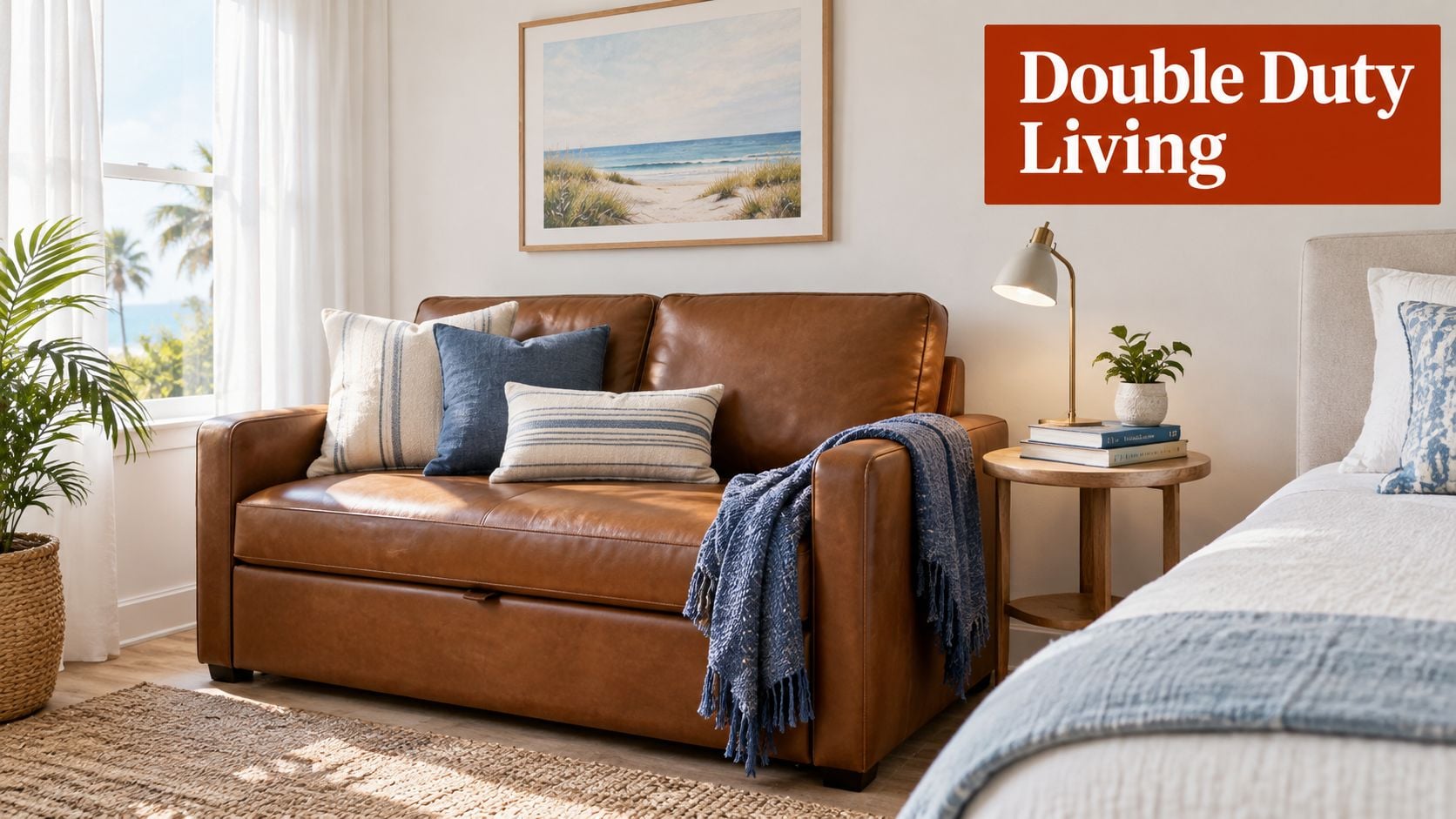A brown leather sleeper loveseat styled with coastal blue throw pillows and a blanket in a bedroom.
